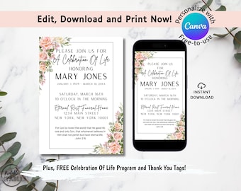Pink Roses Funeral Invitation Template – Celebration of Life (Digital Download)