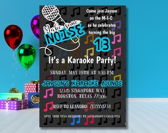 Könnte beinhalten: Eine schwarz-weiße Einladung mit Noten und einem Mikrofon. Der Text lautet "Make some NOISE It's a Karaoke Party!" und enthält Details für eine 13. Geburtstagsparty.