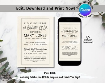 Editable Celebration of Life Invitation Template, Cream Watercolor (Digital Download)