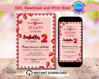 Strawberry 2nd Birthday Invitation – Berry Sweet Evite (PDF)