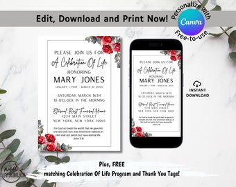 May include: A printable, editable funeral announcement template with a floral design. The announcement is for a celebration of life for Mary Jones, with the date and time of the service, the location, and a Bible verse. The template is available for instant download and can be personalized with Canva.