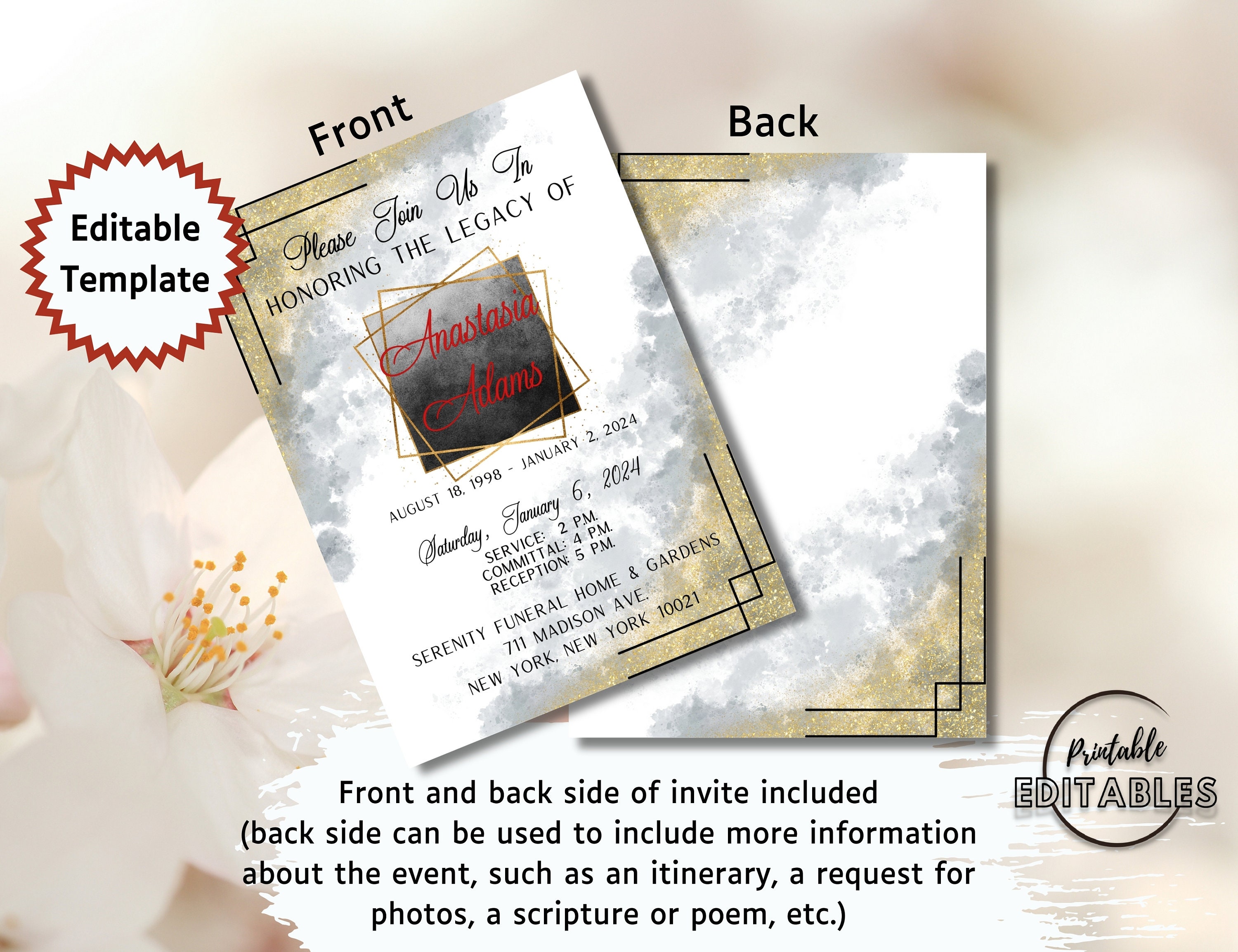 Black Gold Funeral Invitation Template – Celebration of Life, Modern ...