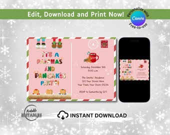 Christmas Pajama & Pancake Party Invitation - Editable Postcard (Digital Download)