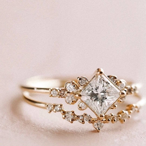 Vintage princess cut Moissanite engagement ring set Unique White gold bridal set Art deco curved wedding Promise anniversary gift for women