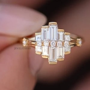 Baguette Moissanite Engagement Ring Set: 14K Yellow Gold Wedding Band