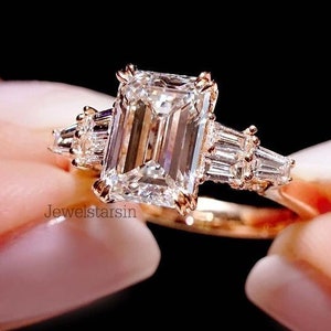 Moissanite Emerald Cut Engagement Ring, Baguette Side Stones