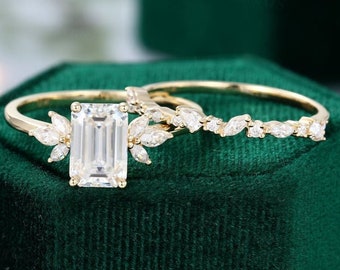Emerald Cut Moissanite Engagement Ring Set: Vintage Yellow Gold, Marquise Diamond Bridal Anniversary