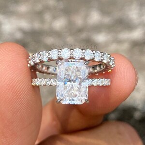 Radiant Cut Moissanite Engagement Ring Set: Silver Eternity Band Bridal Set