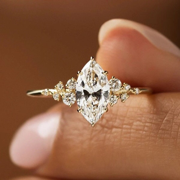 1.50 CT Marquise Cut Cluster Engagement Ring Moissanite Diamond Wedding Ring 14K Solid Gold Anniversary Ring Promise Gift Ring For Her.
