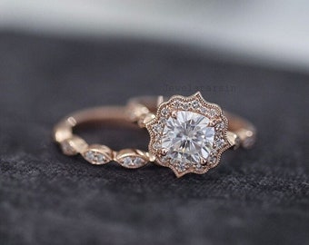 Vintage Art Deco 2.5 CT Cushion Cut Moissanite 14K Rose Gold Wedding Ring Set