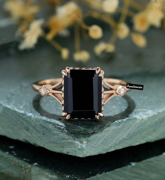 Emerald Cut Black Onyx Rose Gold Ring Emerald Cut Natural Black