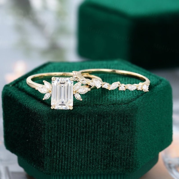 9*7mm Emerald cut Moissanite engagement ring set vintage yellow gold Unique engagement women Marquise Diamond wedding Bridal Anniversary