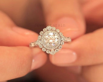 Round Cluster Engagement Rings, Vintage Promise Rings Diamond Clusters, Unique Solitary Moissanite Diamond Ring, Wedding ring