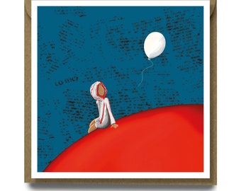 Art illustration blank Greeting Card - ‘Red planet. White balloon’ 148 mm Original Art print on recycled silk card.