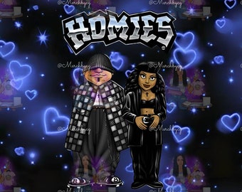 May include: A digital illustration of two cartoon characters, a man and a woman, standing side-by-side. The man is wearing a black and white plaid shirt, black pants, and a black beanie. The woman is wearing a black jacket, black pants, and a black beret. The background is black with blue hearts and stars. The text "HOMIES" is written in large, silver letters at the top of the image.