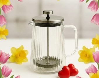 34oz  Glass French Press Coffee Maker. Double-Layer Ribbed Borosilicate Glass. Stainless Steel Filter.