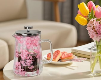 French Press Coffee Maker – 22 oz - Pink Floral Glass Design,  Double-Wall  Borosilicate Glass