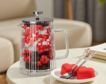 French Press Coffee Maker – 22 oz - RED Floral Glass Design,   Double-Wall  Borosilicate Glass