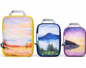 Compression Packing Cubes Set of 3: Lightweight Nylon Travel Organizers - Watercolor Print