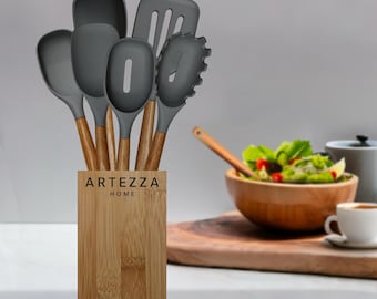 Gray Silicone Kitchen Utensil Set: Wood Handles & Bamboo Holder