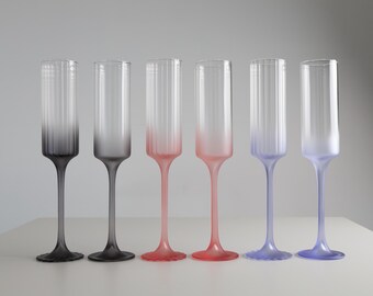 Pastel Champagne Flutes Set: Ribbed & Smooth, Frosted Stems