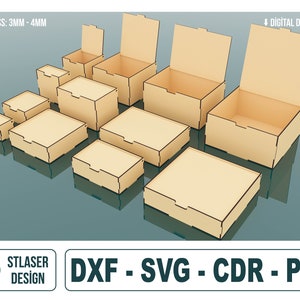 12 dimensioni diverse con pacchetto di scatole con coperchio ribaltabile File Svg tagliati al laser, file vettoriali per il taglio laser del legno