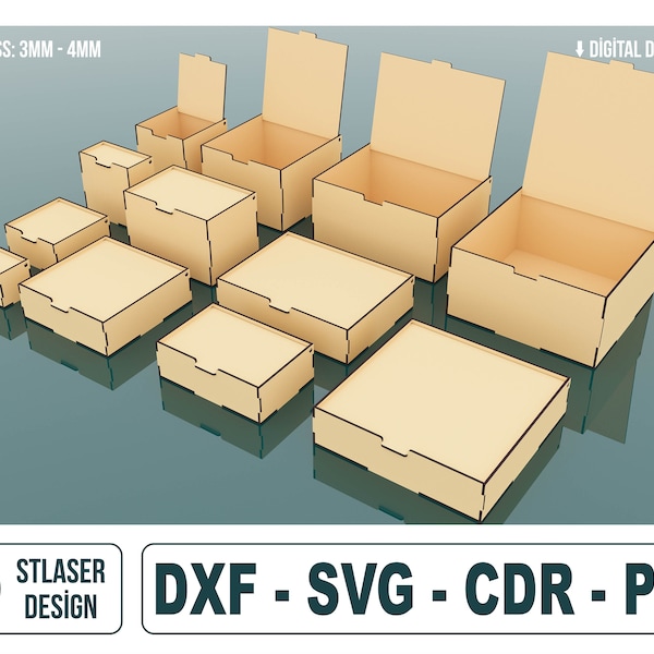 12 Verschiedene Größen mit Klappdeckel Box Bundle Laser Cut SVG-Dateien, Vektordateien für Holz Laserschneiden