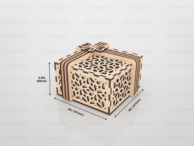 May include: A square wooden gift box with a laser-cut floral pattern on the lid and sides, featuring a decorative bow on top. The box measures 4 inches by 4 inches by 2.5 inches, with light wood panels and dark brown accents on the edges and bow.