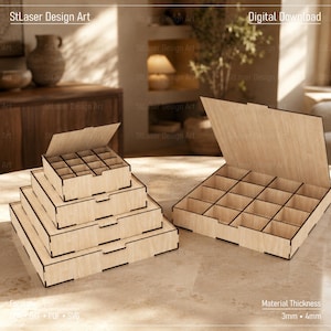 May include: A set of light-colored wooden storage boxes with hinged lids and internal grid dividers. The boxes feature laser-cut edges and are displayed in various sizes, with a material thickness of 3mm and 4mm clearly indicated in the text.