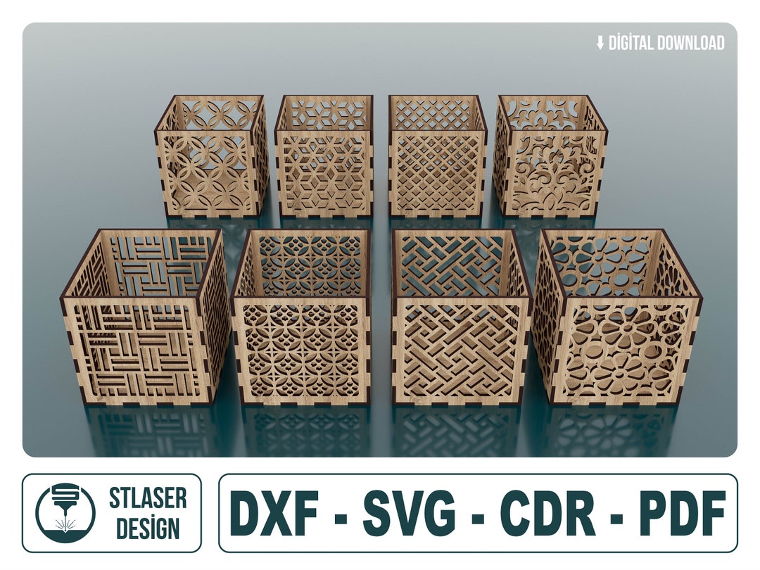 Laser Cut Decorative Box Svg Files 8 Patterns, Vector Files for Wood