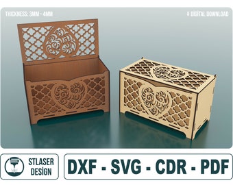 Wooden Box With Heart Laser Cut, Wooden Gift box laser cut, Laser Cut Wooden Box, Vector Files For Wood Laser Cutting