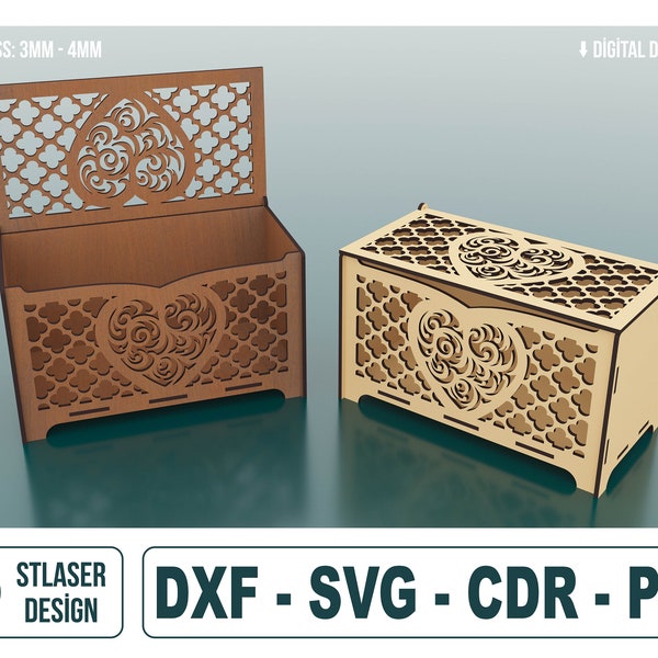 Wooden Box With Heart Laser Cut, Wooden Gift box laser cut, Laser Cut Wooden Box, Vector Files For Wood Laser Cutting