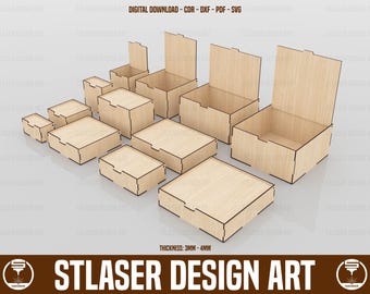 12 Different Size With Flip Up Lid Box Bundle Laser Cut Svg Files, Vector Files For Wood Laser Cutting