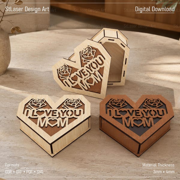 Heart Mom Gift Box Laser Cut Svg Files, Vector Files For Wood Laser Cutting