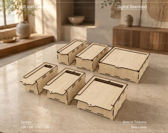 May include: A collection of six light-colored wooden boxes with sliding lids, featuring laser-cut joinery details. The set includes various rectangular and square sizes, with visible material thickness of 3mm and 4mm as noted in the text.