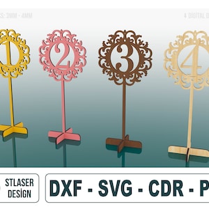 Archivos de números de mesa de boda (1-10), archivos SVG cortados con láser de números de mesa, archivos vectoriales para corte por láser de madera