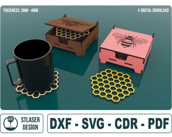 Bee patterned boxed laser cut coaster, Laser Cut Wooden Box With Lid, Vector Files For Wood Laser Cutting