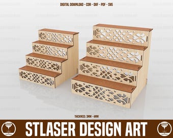 2 Display Stand unterschiedlicher Größe Laser Cut SVG-Dateien, 4 Regal Display Stand Dateien, Vektordateien für Holz Laserschneiden