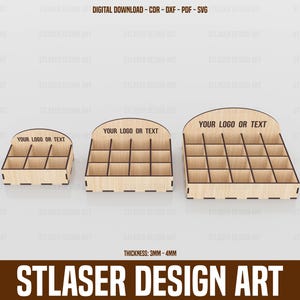 Fichiers Svg de boîte à fentes de 3 tailles découpés au laser, bijoux - boîte polyvalente, fichiers vectoriels pour la découpe laser du bois