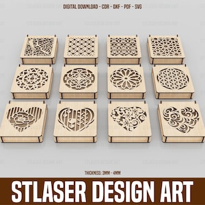 12 fichiers Svg découpés au laser pour boîte-cadeau décoratif à motifs différents, boîte à bijoux avec couvercle, fichiers vectoriels pour la découpe laser du bois