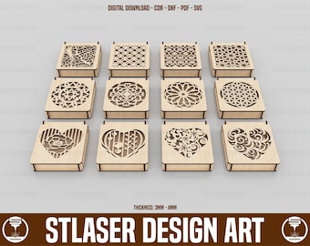 12 Different Pattern Decorative Gift Box Laser Cut Svg Files, Jewelry Box With Lid, Vector Files For Wood Laser Cutting