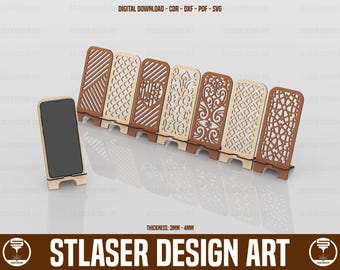 7 verschillende decoratieve telefoonhouder lasergesneden svg-bestanden, telefoonstandaardbestanden, vectorbestanden voor hout lasersnijden