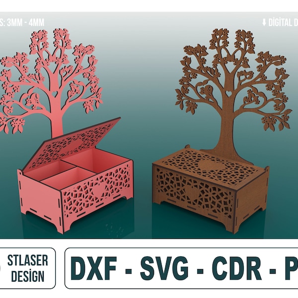 Boîte à bijoux découpée au laser et fichiers Svg de support, fichiers de boîte à bijoux en bois, fichiers vectoriels pour la découpe au laser du bois