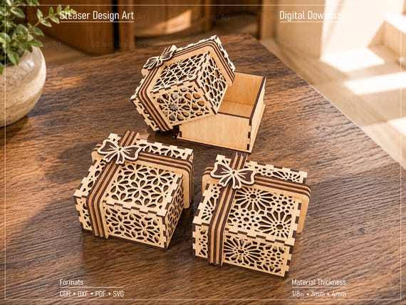 3 Different Decorative Gift Box Laser Cut Svg Files, Vector Files For Wood Laser Cutting