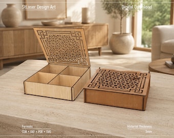 May include: Two square wooden boxes with laser-cut geometric patterns on the lids. One box is open, revealing four internal compartments, while the other is closed. The text StLaser Design Art, Digital Download, Formats CDR DXF PDF SVG, and Material Thickness 3mm are visible.