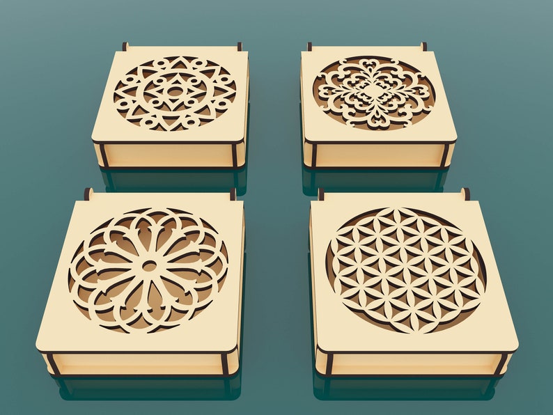 12 verschiedene Muster dekorative Geschenkbox Laser geschnittene SVG-Dateien, Schmuckschatulle mit Deckel, Vektordateien für Holz Laserschneiden Bild 3