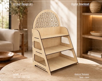 May include: A light-colored wooden three-tier display shelf featuring a rounded top with an intricate geometric laser-cut pattern. The structure includes side panels with rectangular cutouts and flat shelves. Text includes StLaser Design Art, Digital Download, Format CDR DXF PDF SVG, and Material Thickness 3mm 4mm.