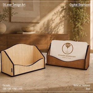 May include: Two light-colored wooden business card holders with dark edges. One holder is empty, and the other contains a white card with the brown logo text StLaser Design Art Laser Cut Files. The image includes text indicating 3mm material thickness.