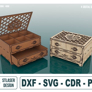 Joyero con cajones cortados con láser, caja de regalo de madera, caja de madera cortada con láser, archivos vectoriales para corte de madera con láser