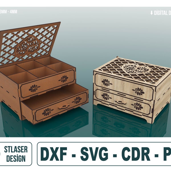 Caja de joyería con cajones cortados con láser, caja de regalo de madera, caja de madera cortada con láser, archivos vectoriales para corte por láser de madera